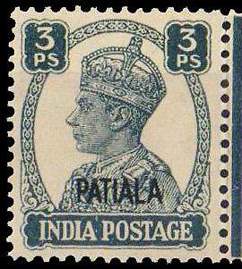 King George VI India Postage Patiala state 3 Paisa Service Stamp 1940 # ...