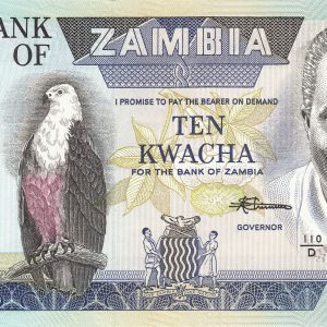 ZAMBIA 10 KWACHA BANKNOTE UNC - Eagle, President K. Kaunda Portrait at right - Bank of Zambia building #pk